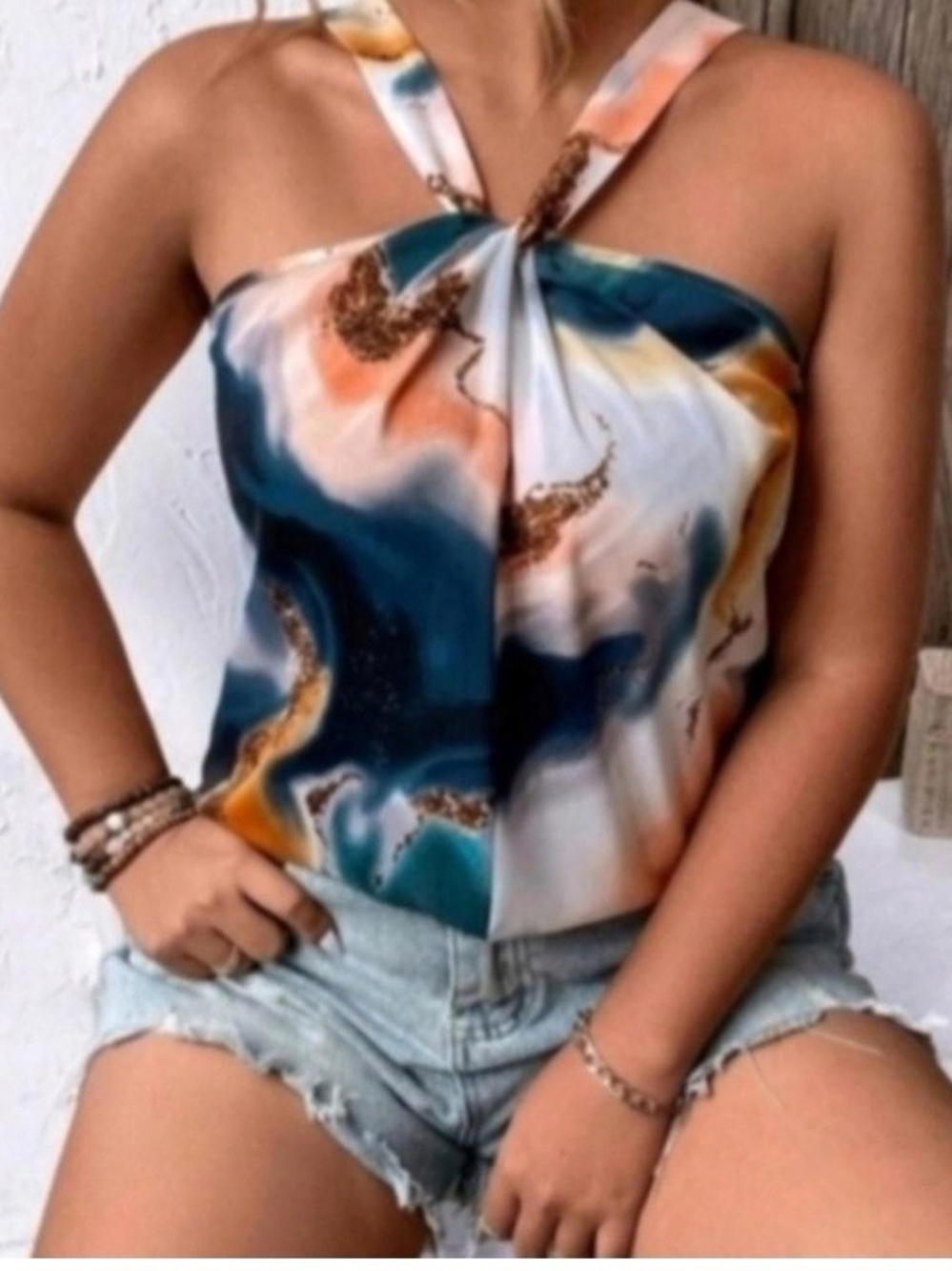 Abstract Halter Neck Women's Top in Teal and Cream